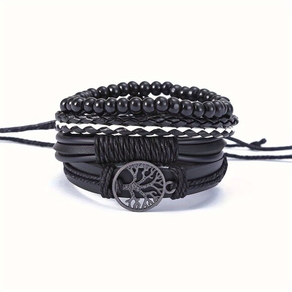 4pcs Men's Vintage Black Faux Leather Braided Bracelets - Picture 4 of 6